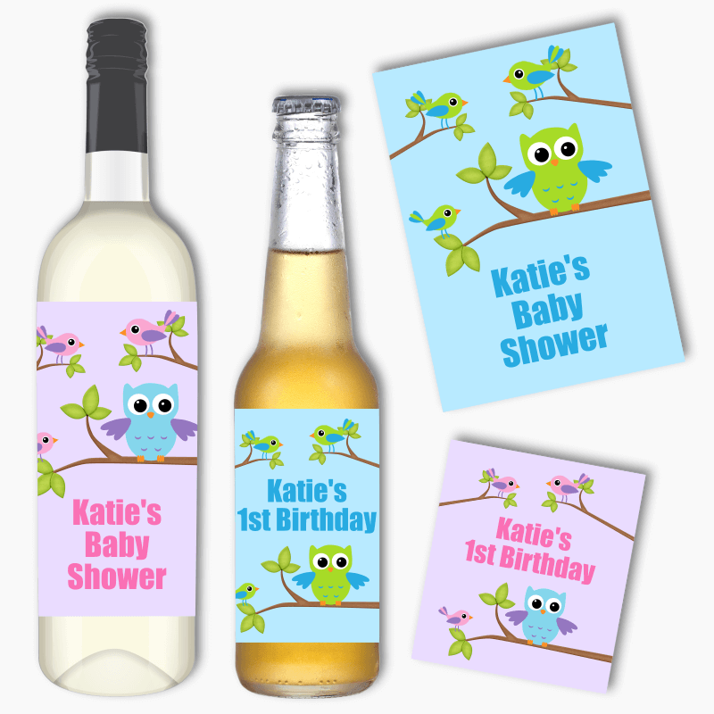 Personalised Birds &amp; Owl Party Wine &amp; Beer Labels