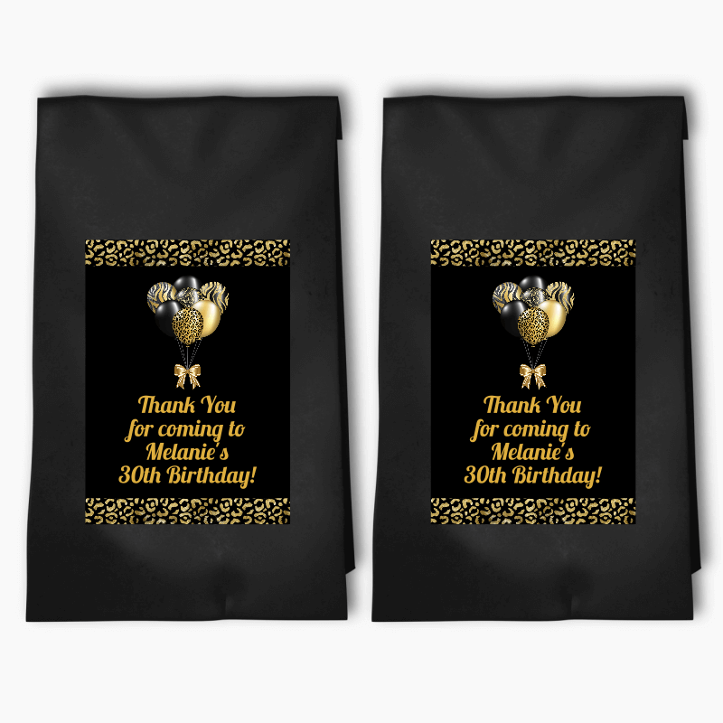 Personalised Black & Gold Balloons Birthday Party Bags & Labels