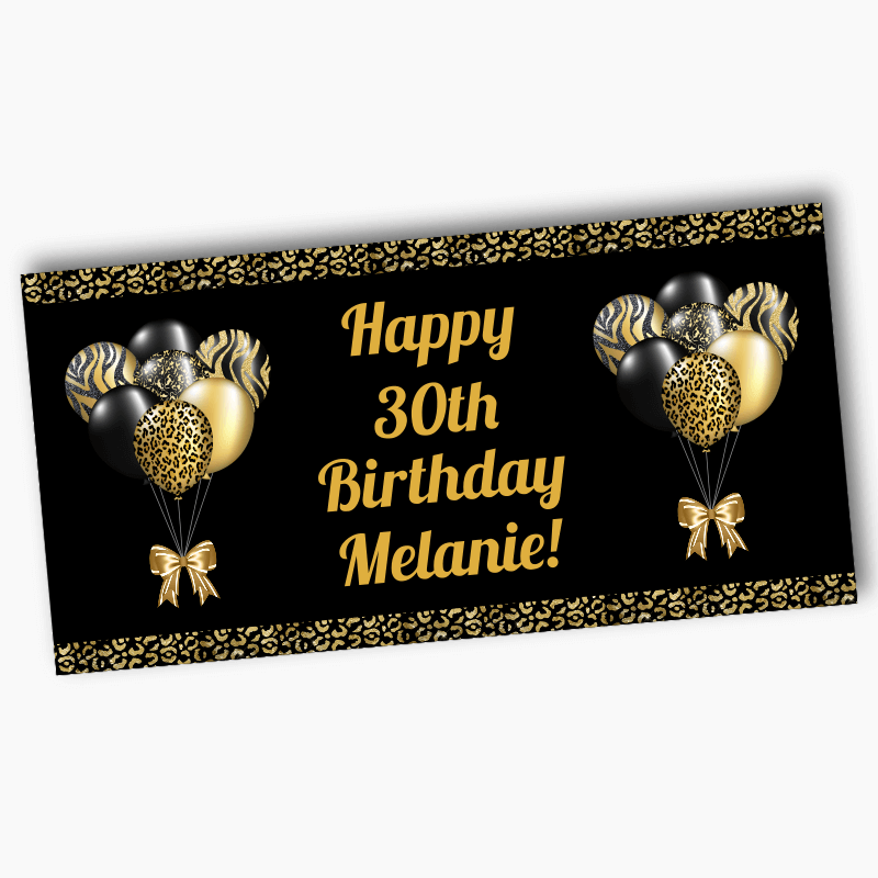 Personalised Black &amp; Gold Balloons Birthday Party Banners