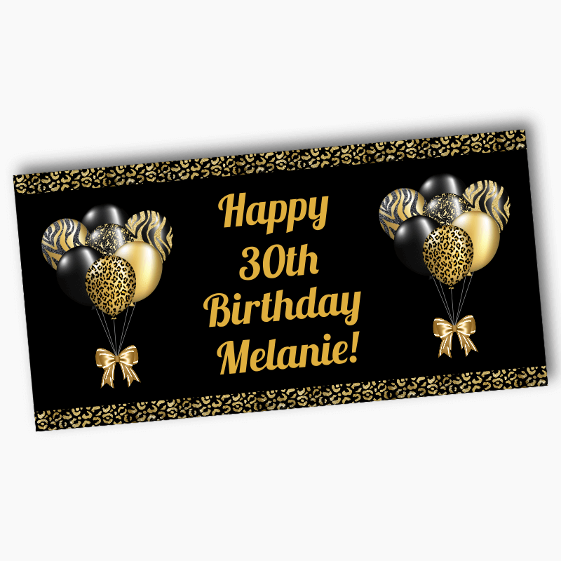 Personalised Black & Gold Balloons Birthday Party Banners