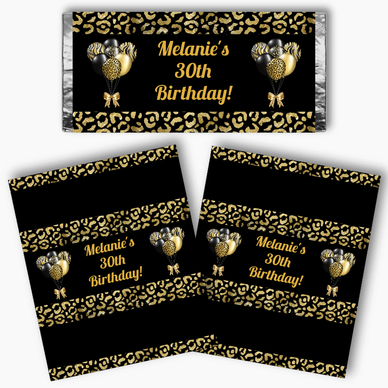 Personalised Black &amp; Gold Balloons Birthday Party Mini Chocolate Labels