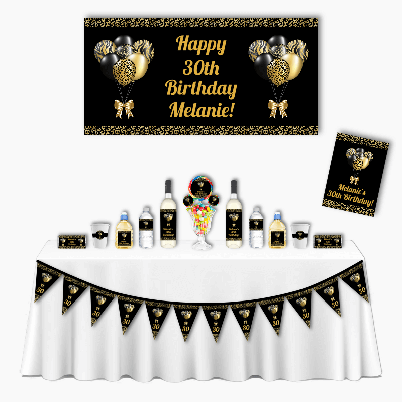 Personalised Black &amp; Gold Balloons Deluxe Birthday Party Pack