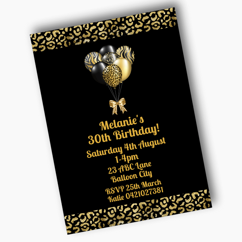 Personalised Black & Gold Balloons Birthday Party Invites