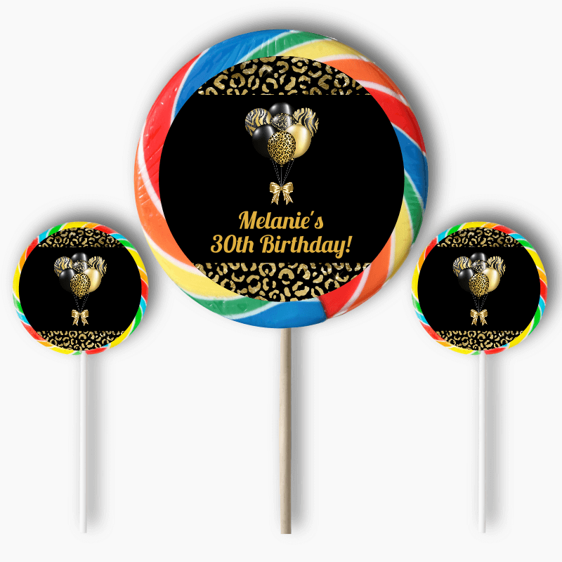 Personalised Black &amp; Gold Balloons Birthday Party Round Stickers