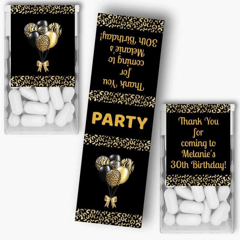 Personalised Black &amp; Gold Balloons Birthday Party Tic Tac Labels