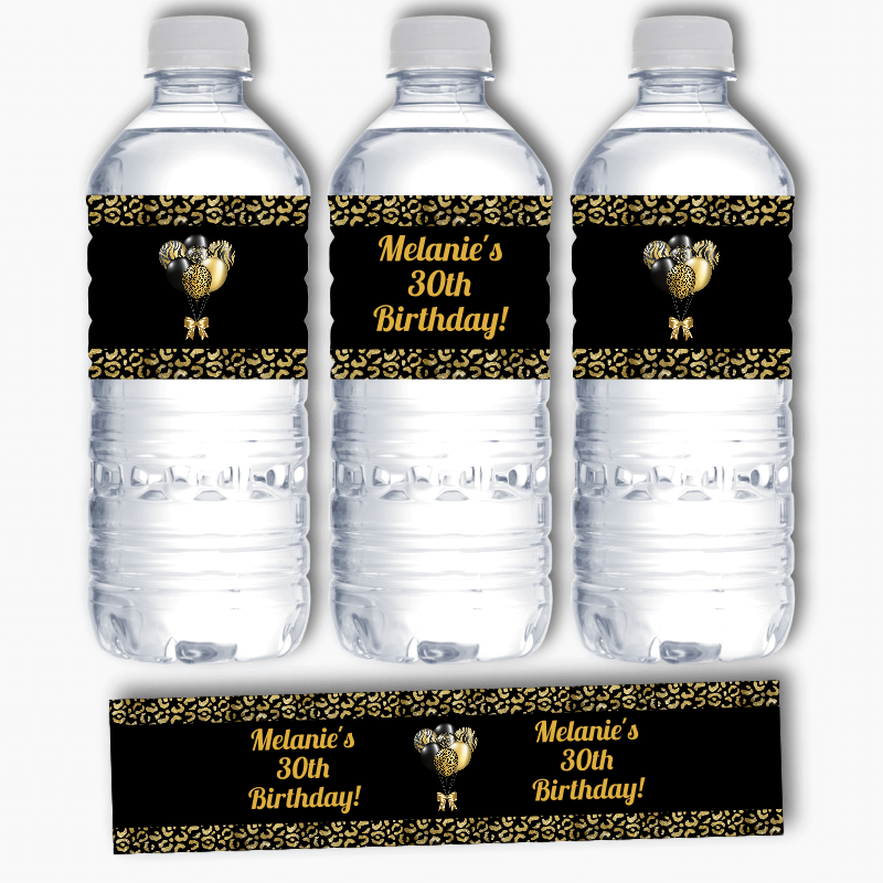 Personalised Black &amp; Gold Balloons Birthday Party Water Bottle Labels
