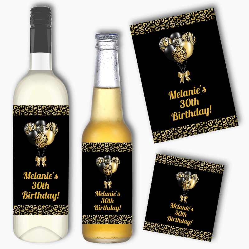 Personalised Black &amp; Gold Balloons Birthday Party Wine &amp; Beer Labels