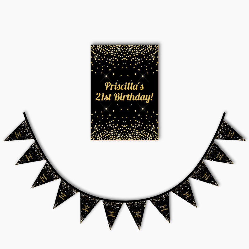 Black &amp; Gold Confetti Party Poster &amp; Bunting Combo