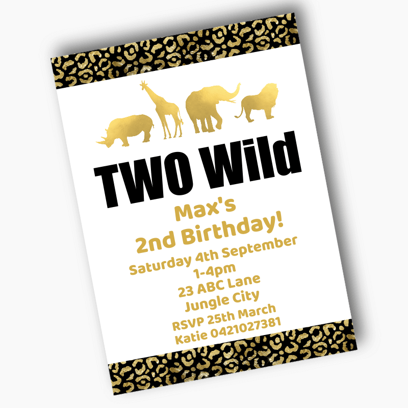 Personalised Black & Gold Two Wild Birthday Party Invites