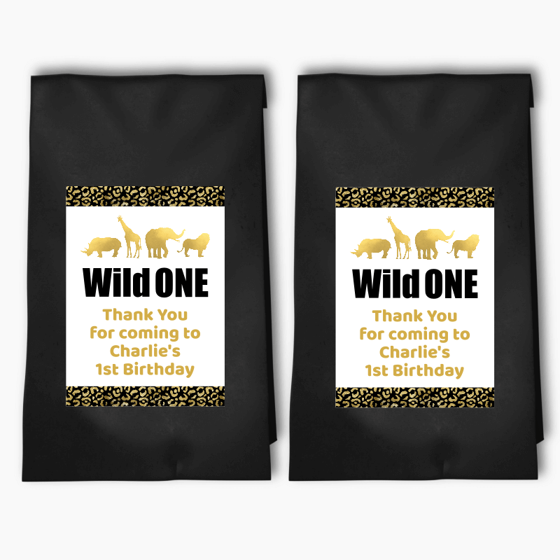 Personalised Black &amp; Gold Wild One Party Bags &amp; Labels