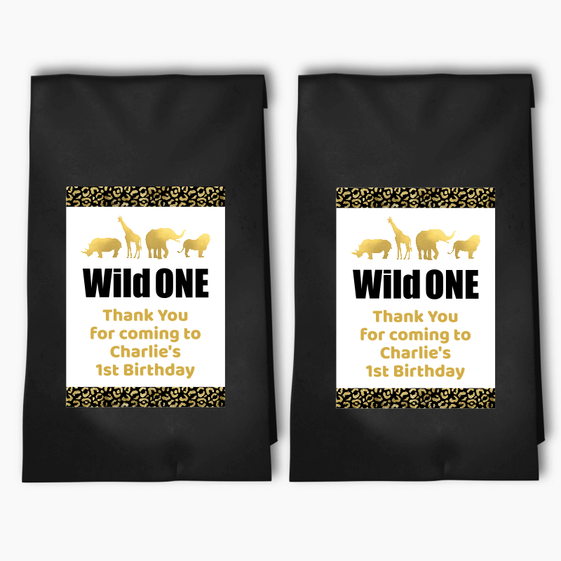 Personalised Black & Gold Wild One Party Bags & Labels