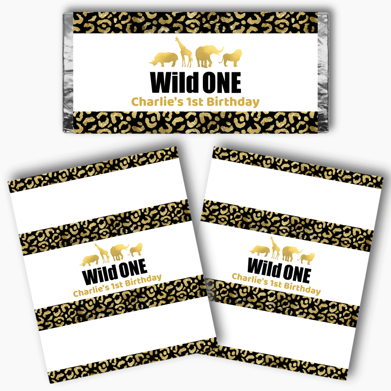 Personalised Black &amp; Gold Wild One Party Mini Chocolate Labels