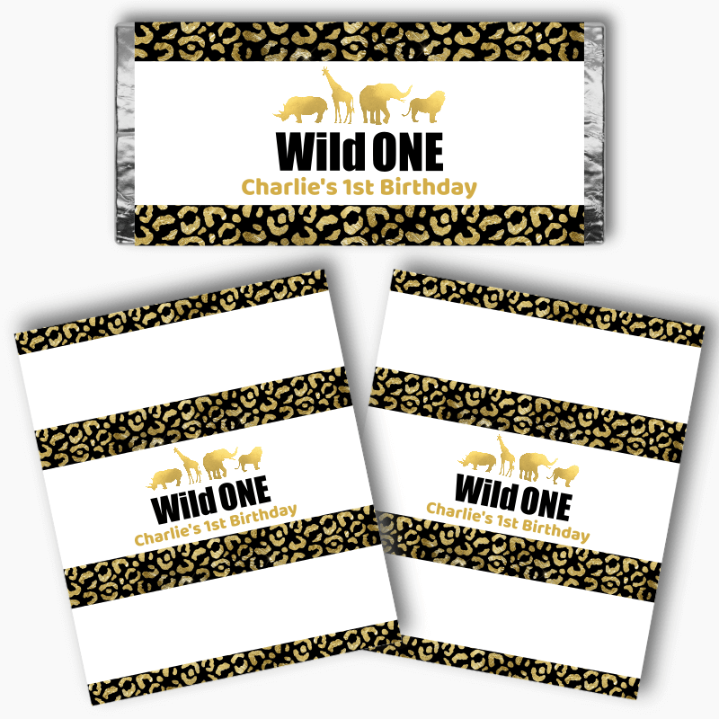 Personalised Black & Gold Wild One Party Mini Chocolate Labels