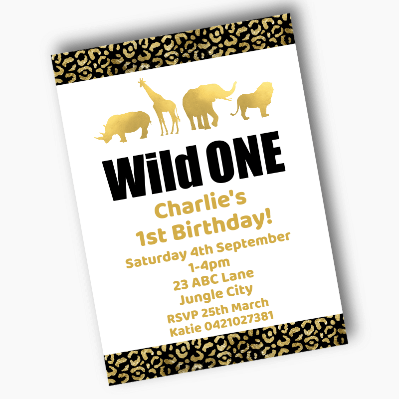 Personalised Black &amp; Gold Wild One Birthday Party Invites