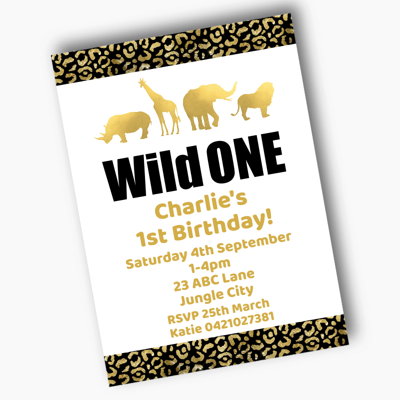 Personalised Black & Gold Wild One Birthday Party Invites