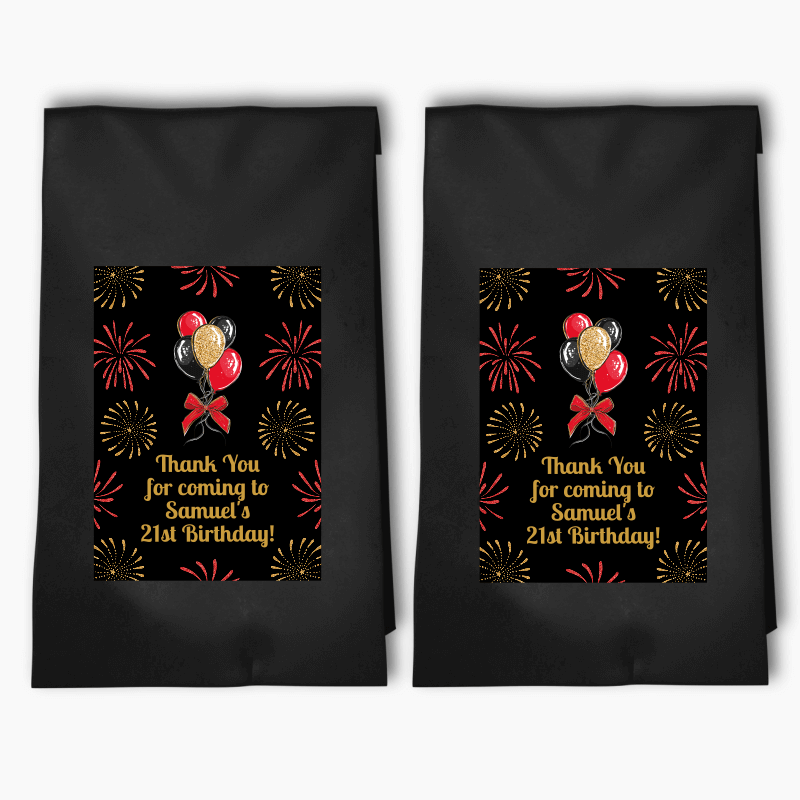 Personalised Black, Gold & Red Balloons Party Bags & Labels