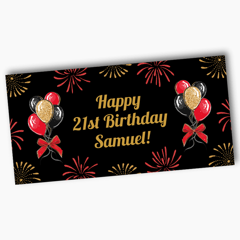 Personalised Black, Gold &amp; Red Balloons Birthday Party Banners