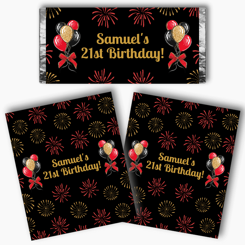 Personalised Black, Gold &amp; Red Balloons Mini Chocolate Labels