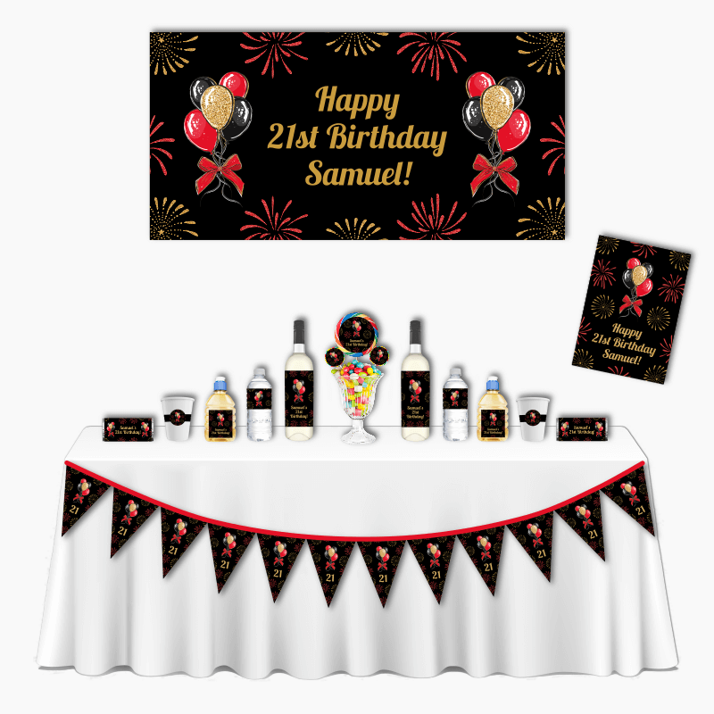 Personalised Black, Gold &amp; Red Balloons Deluxe Birthday Party Pack