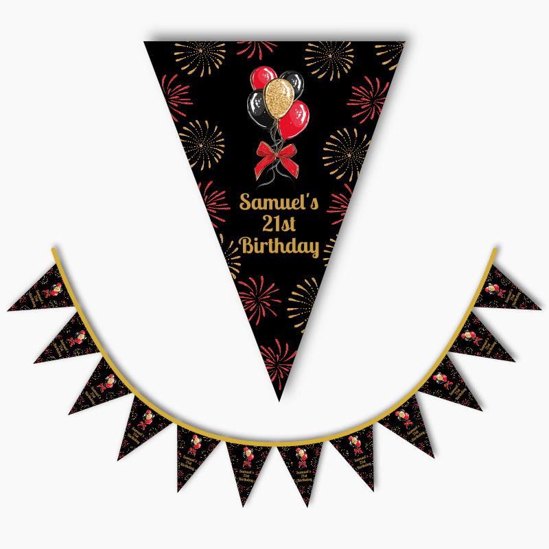 Personalised Black, Gold &amp; Red Balloons Birthday Party Flag Bunting