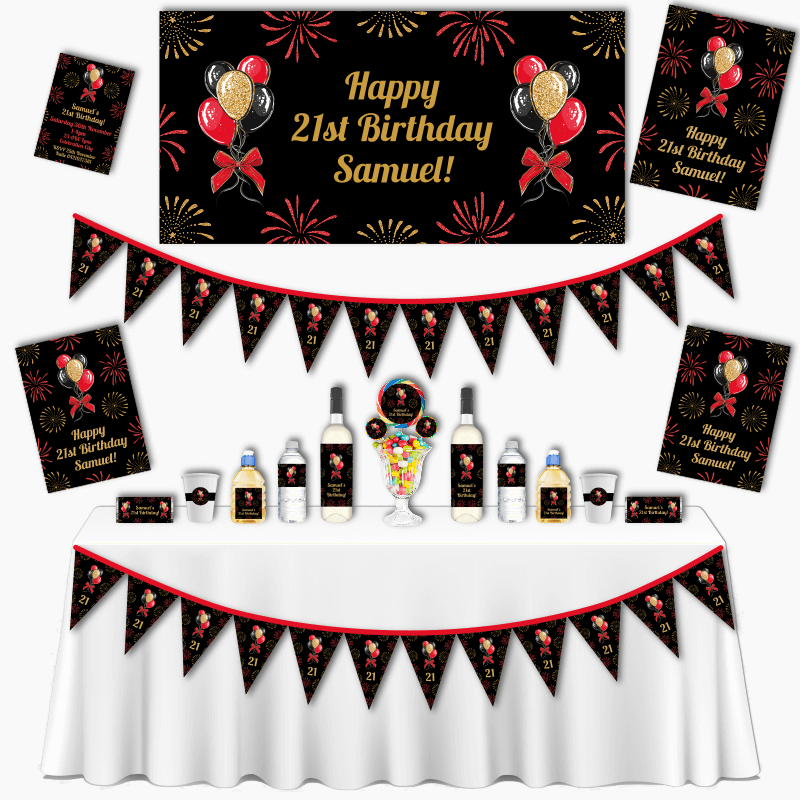 Personalised Black, Gold &amp; Red Balloons Grand Birthday Party Pack