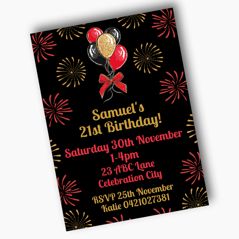 Personalised Black, Gold &amp; Red Balloons Birthday Party Invites