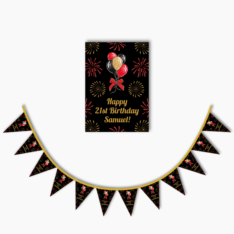 Personalised Black, Gold &amp; Red Balloons Party Poster &amp; Bunting Combo