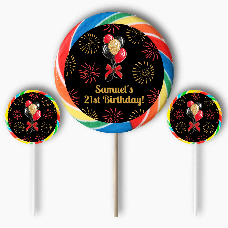 Personalised Black, Gold &amp; Red Balloons Party Round Stickers