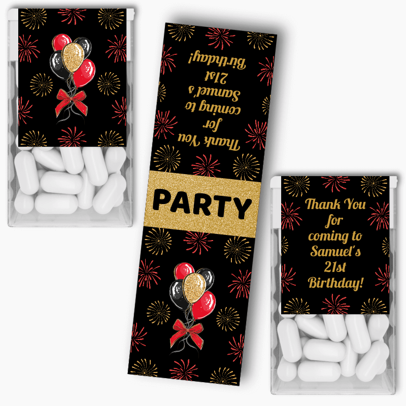 Personalised Black, Gold &amp; Red Balloons Party Tic Tac Labels