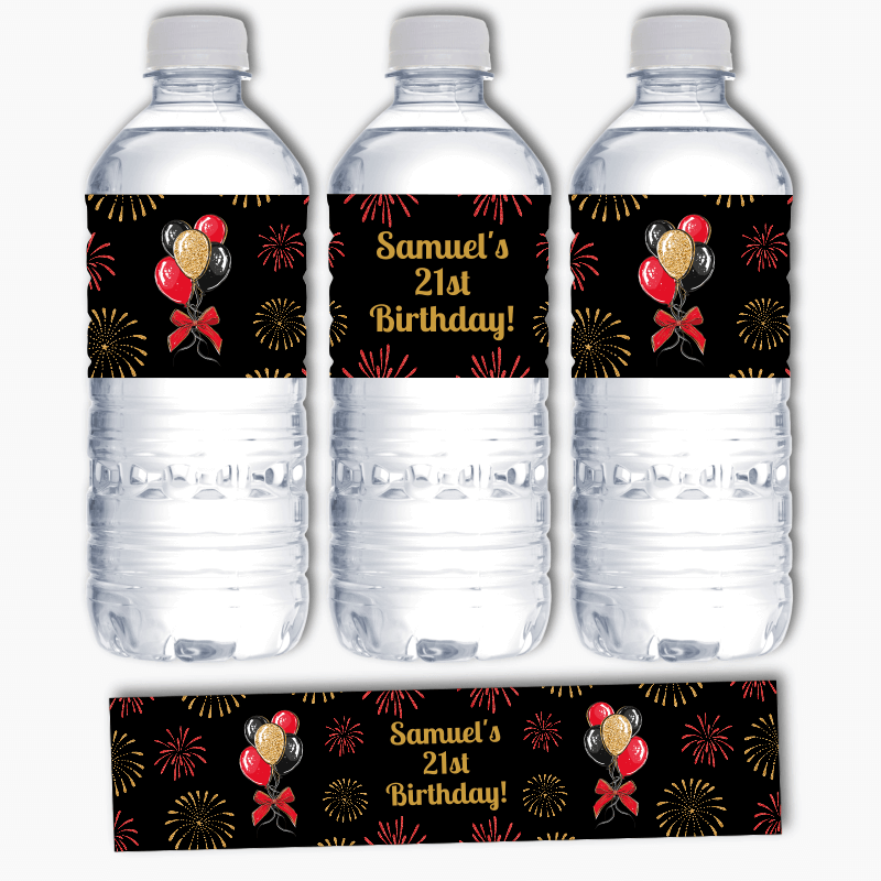 Personalised Black, Gold &amp; Red Balloons Party Water Labels