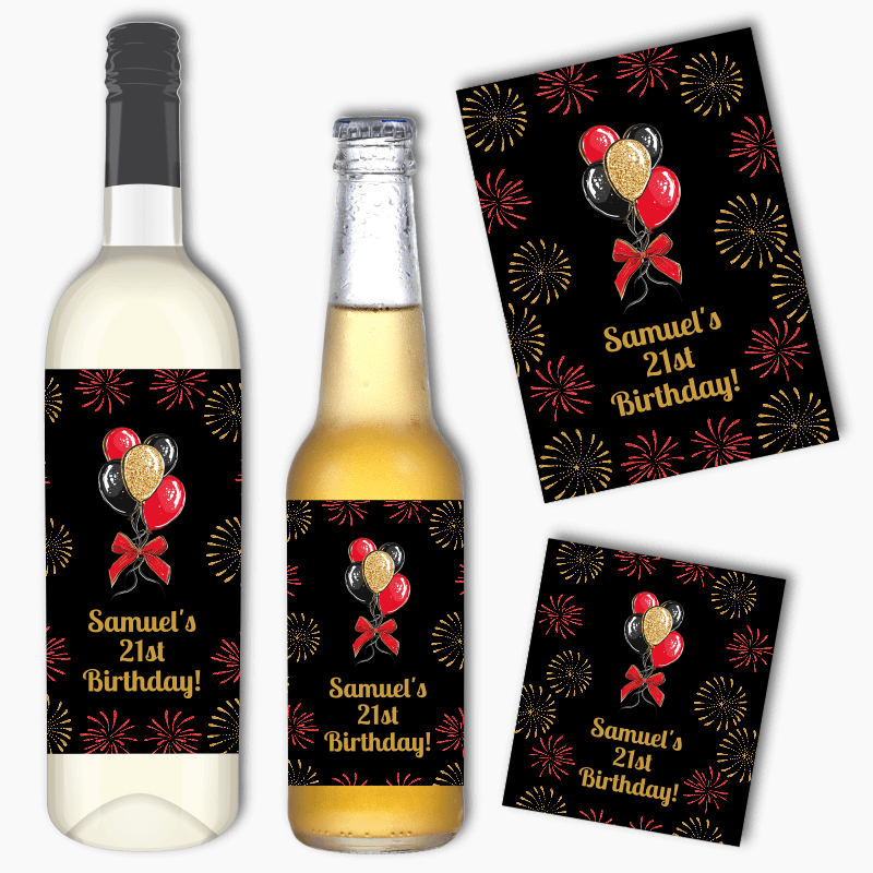 Personalised Black, Gold &amp; Red Balloons Party Wine &amp; Beer Labels