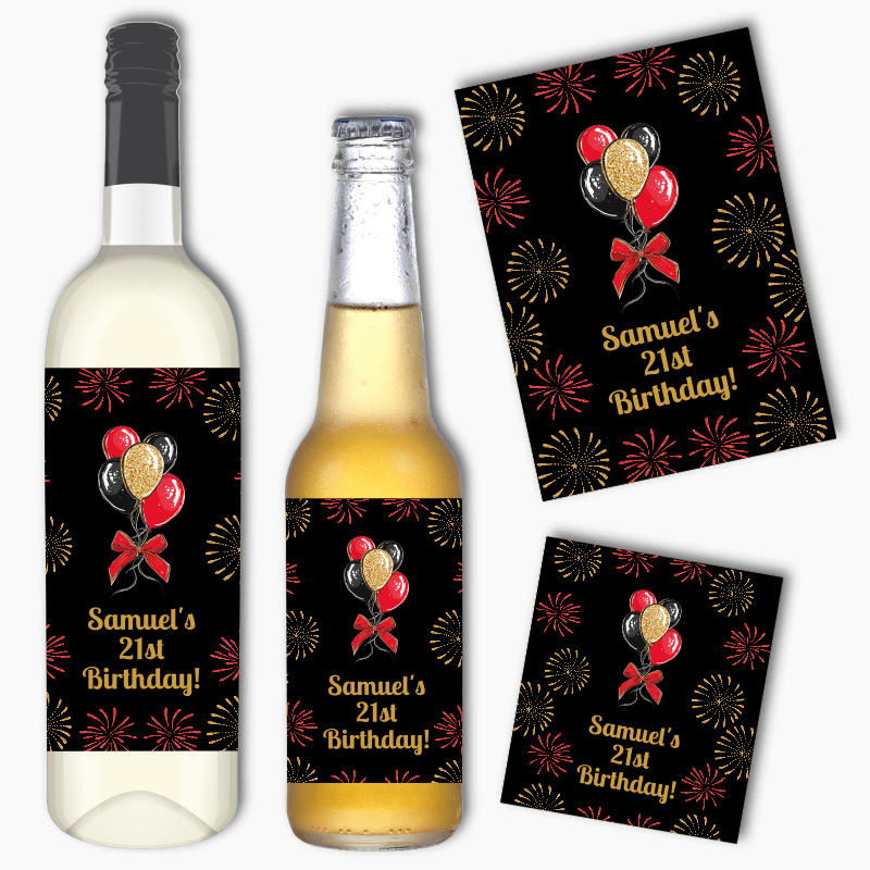 Personalised Black, Gold & Red Balloons Party Wine & Beer Labels