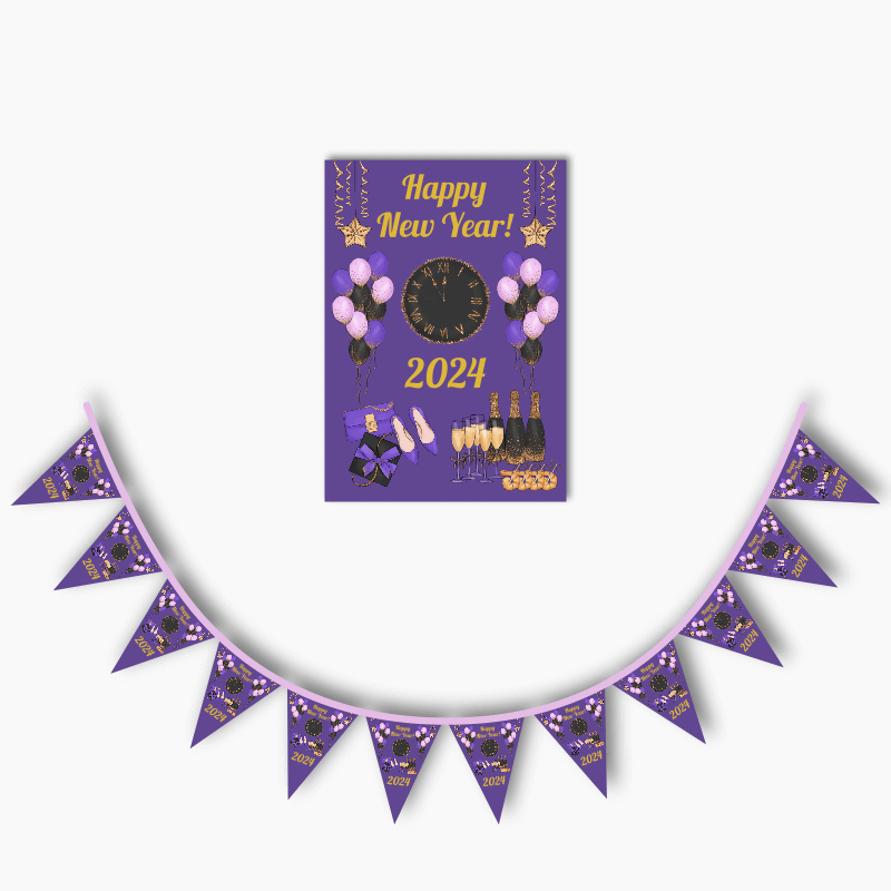 Purple, Black &amp; Gold New Years Poster &amp; Bunting Combo