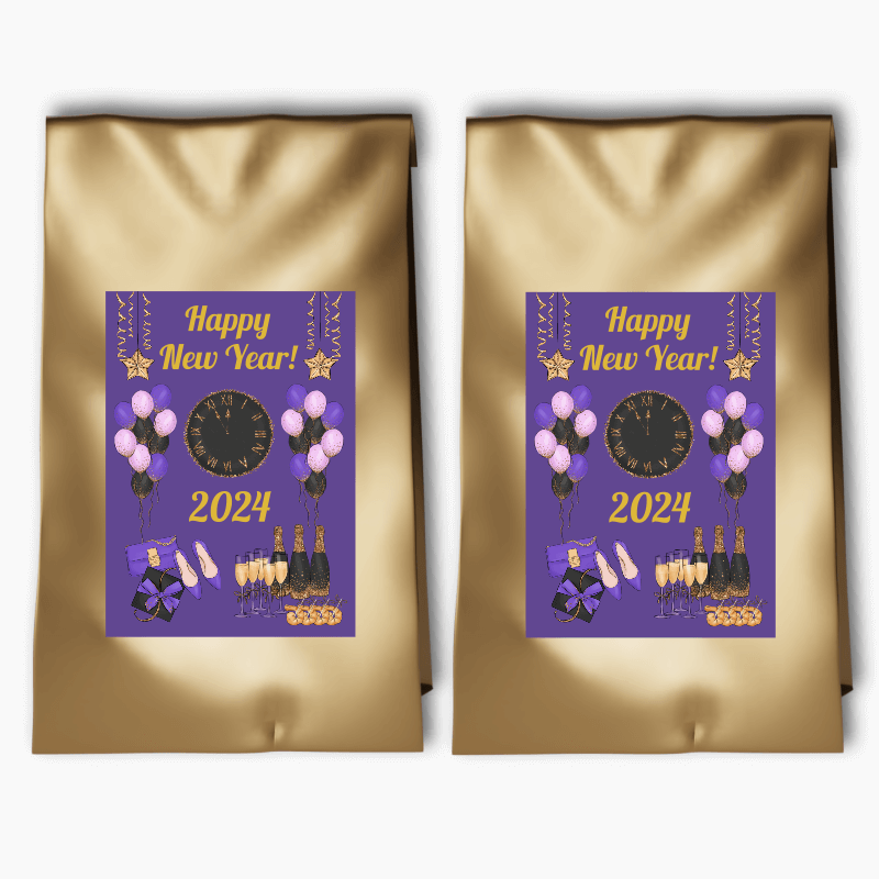 Purple, Black &amp; Gold New Years Party Bags &amp; Labels