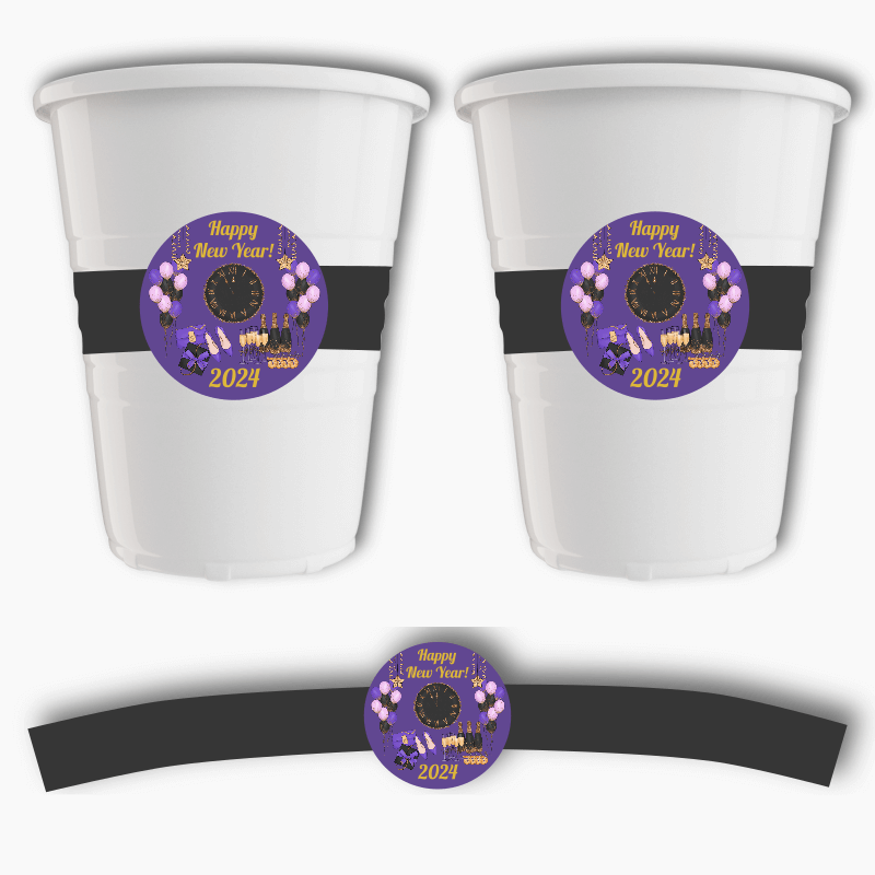 Purple, Black &amp; Gold New Years Party Cup Stickers