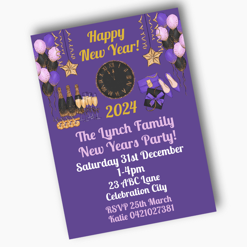 Purple, Black &amp; Gold New Years Party Invites