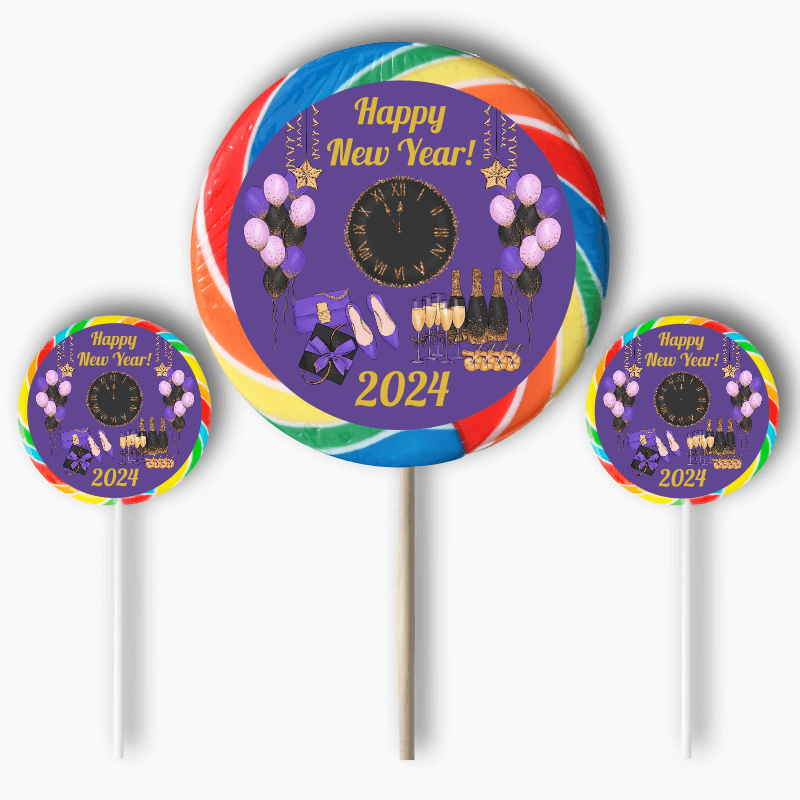 Purple, Black &amp; Gold New Years Party Round Stickers