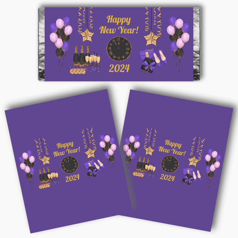 Purple, Black &amp; Gold New Years Party Mini Chocolate Labels