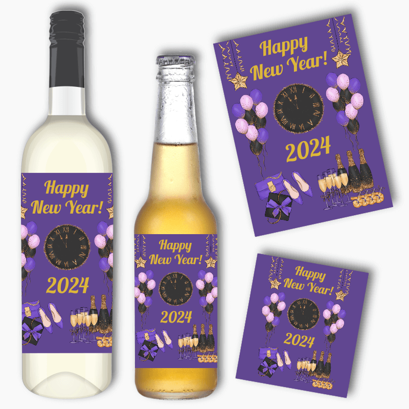 Purple, Black &amp; Gold New Years Party Wine &amp; Beer Labels