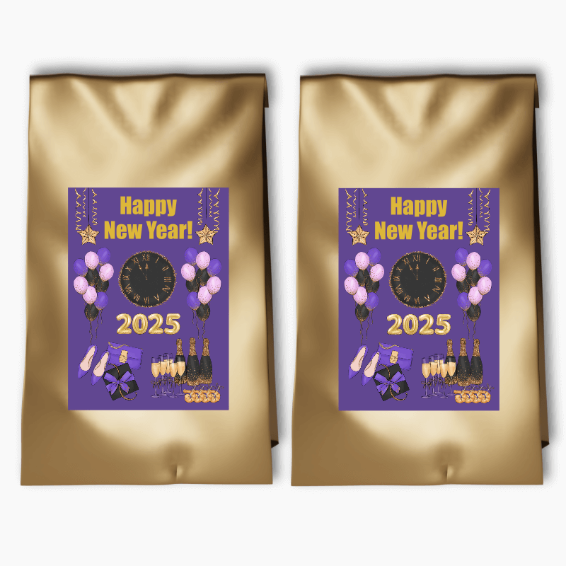 Purple, Black & Gold New Years Party Bags & Labels