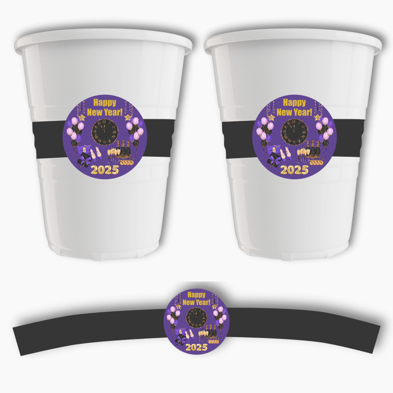 Purple, Black & Gold New Years Party Cup Stickers