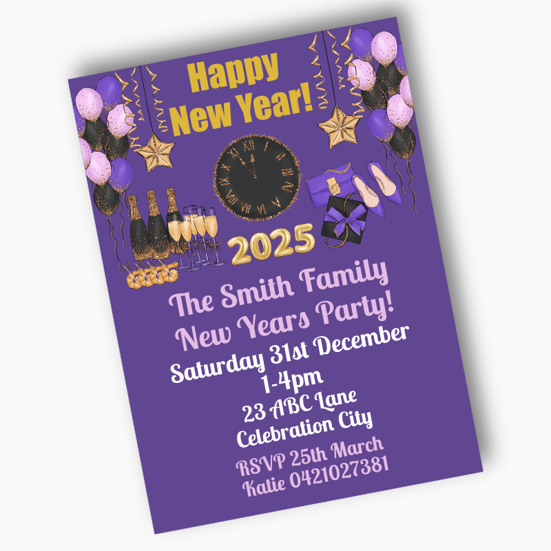 Purple, Black & Gold New Years Party Invites