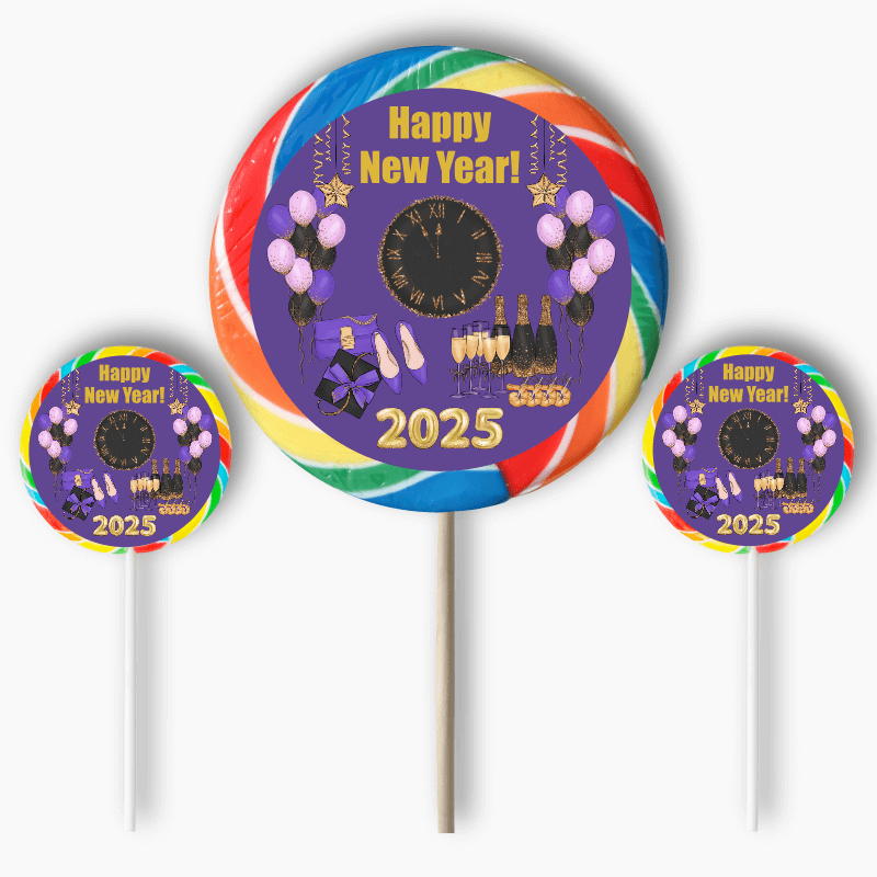 Purple, Black & Gold New Years Party Round Stickers