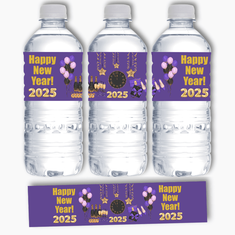 Purple, Black & Gold New Years Party Water Labels