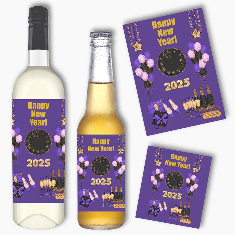 Purple, Black & Gold New Years Party Wine & Beer Labels