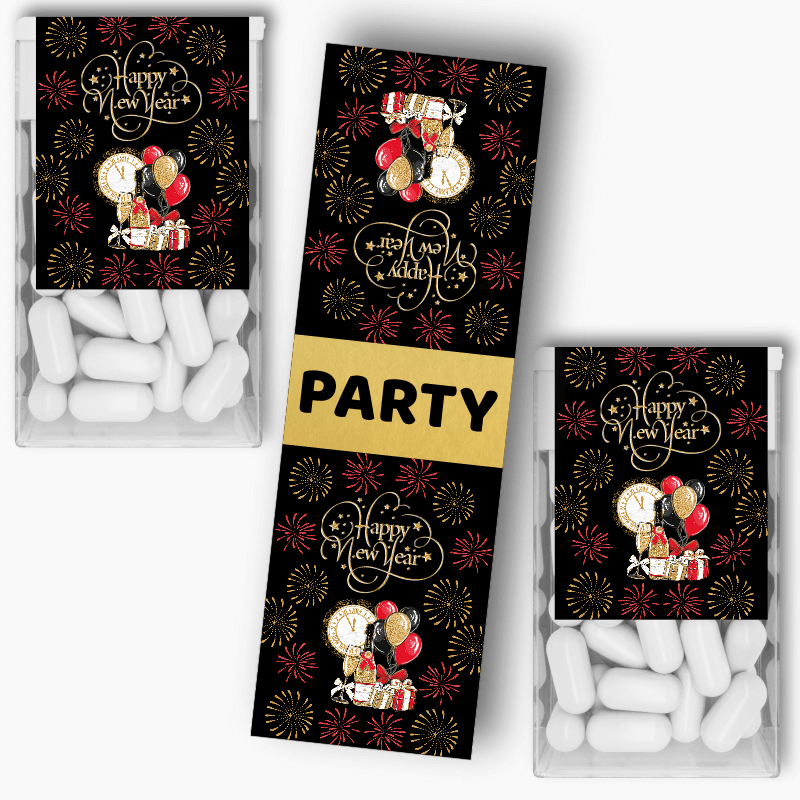 Black, Gold &amp; Red New Years Party Tic Tac Labels