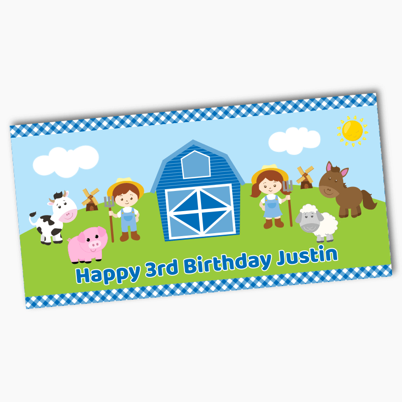 Personalised Barnyard Farm Animals Birthday Party Banners - Blue Gingham