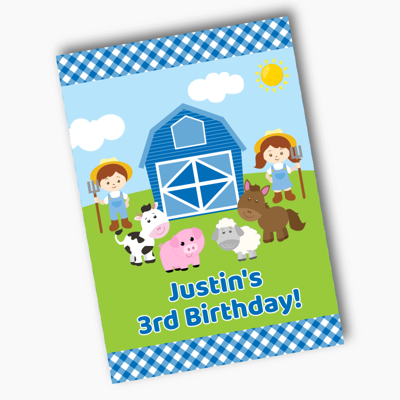 Personalised Barnyard Farm Animals Birthday Party Posters - Blue Gingham