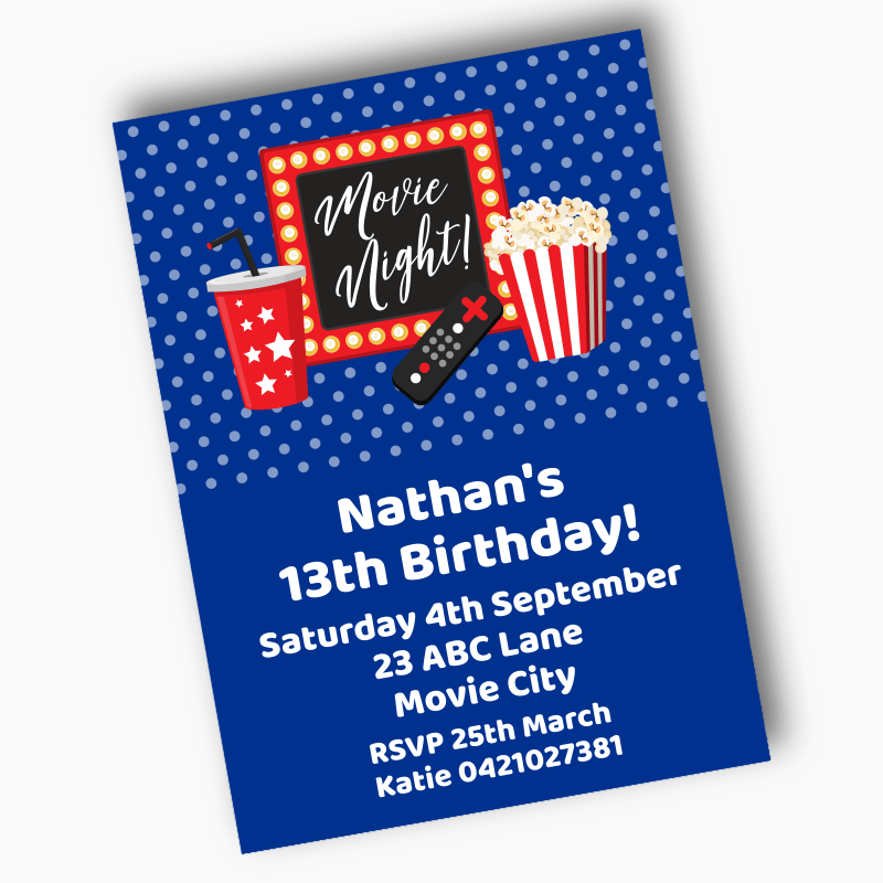 Boys Blue Custom Movie Night Birthday Party Invites