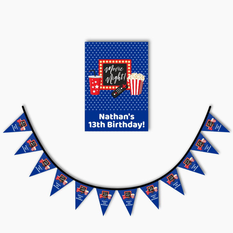 Personalised Blue Movie Night Party Poster &amp; Bunting Combo